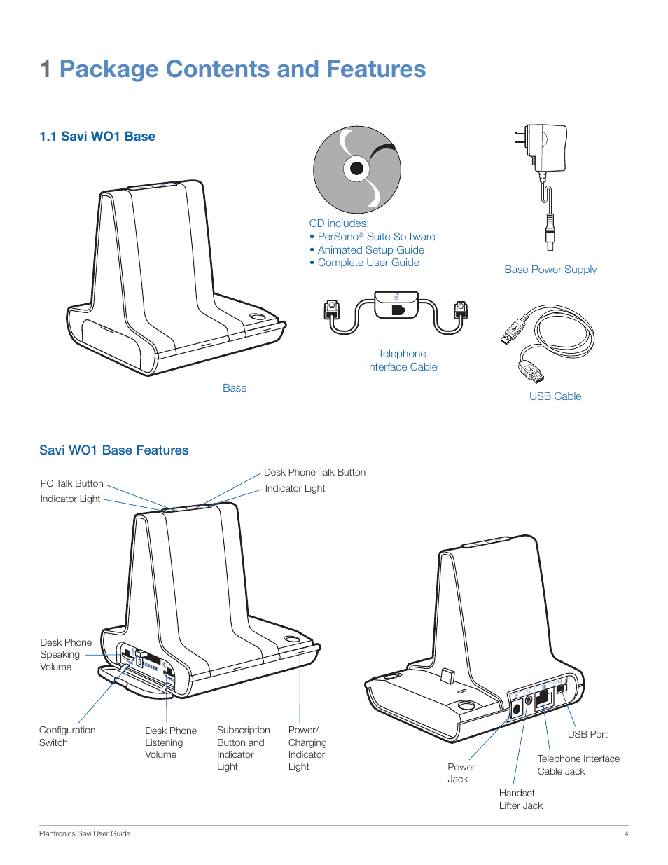 1package contents and features | Plantronics SAVI WO100 User Manual | Page 4 / 28