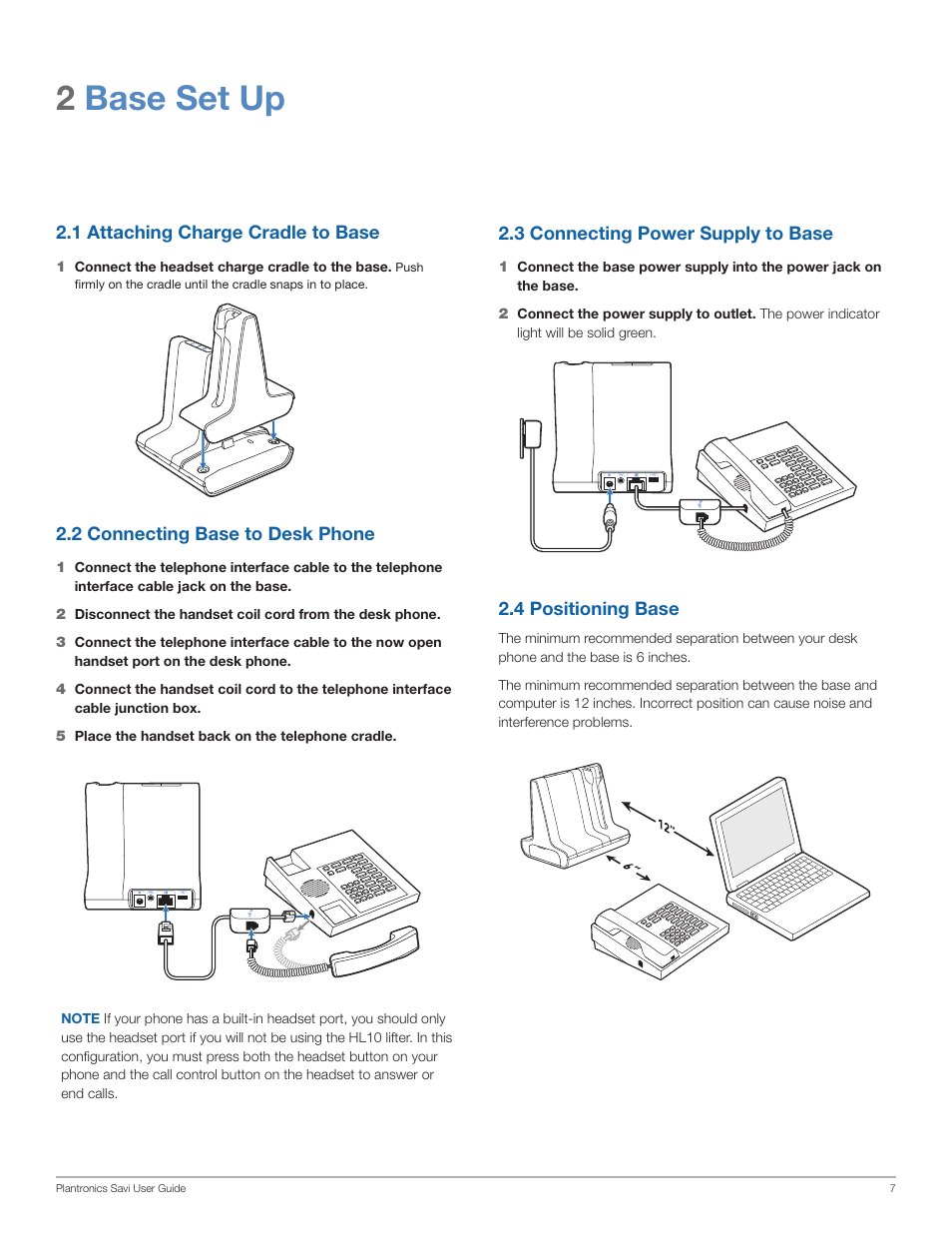 2base set up | Plantronics SAVI WO100 User Manual | Page 7 / 28