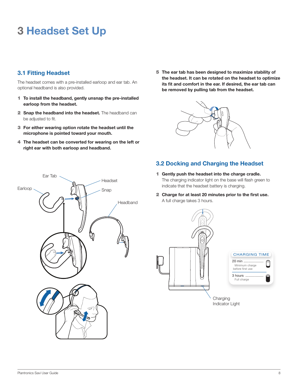 3headset set up, 1 fitting headset, 2 docking and charging the headset | Plantronics SAVI WO100 User Manual | Page 8 / 28