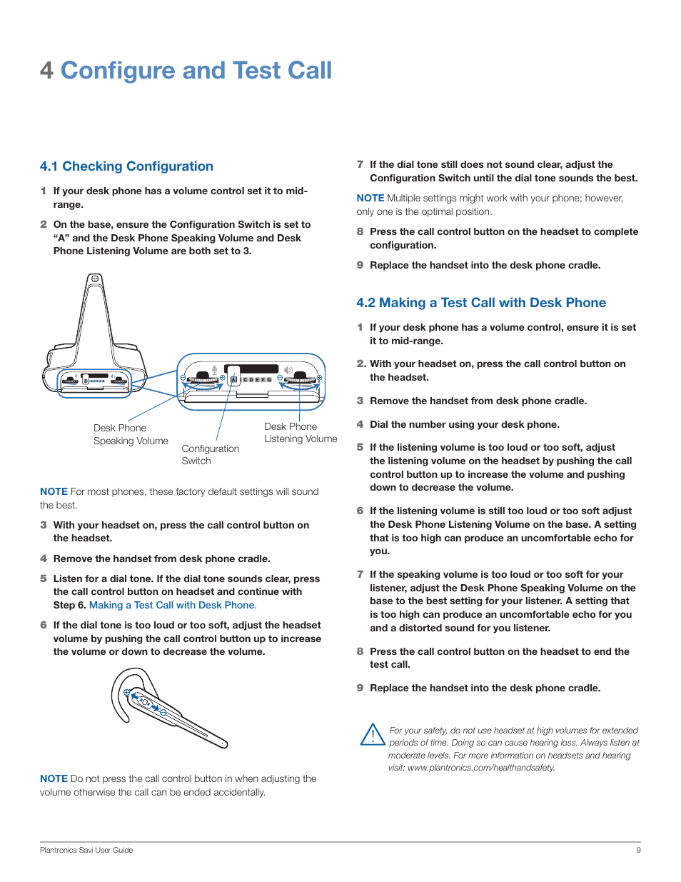 4configure and test call, 2 making a test call with desk phone, 1 checking configuration | Plantronics SAVI WO100 User Manual | Page 9 / 28