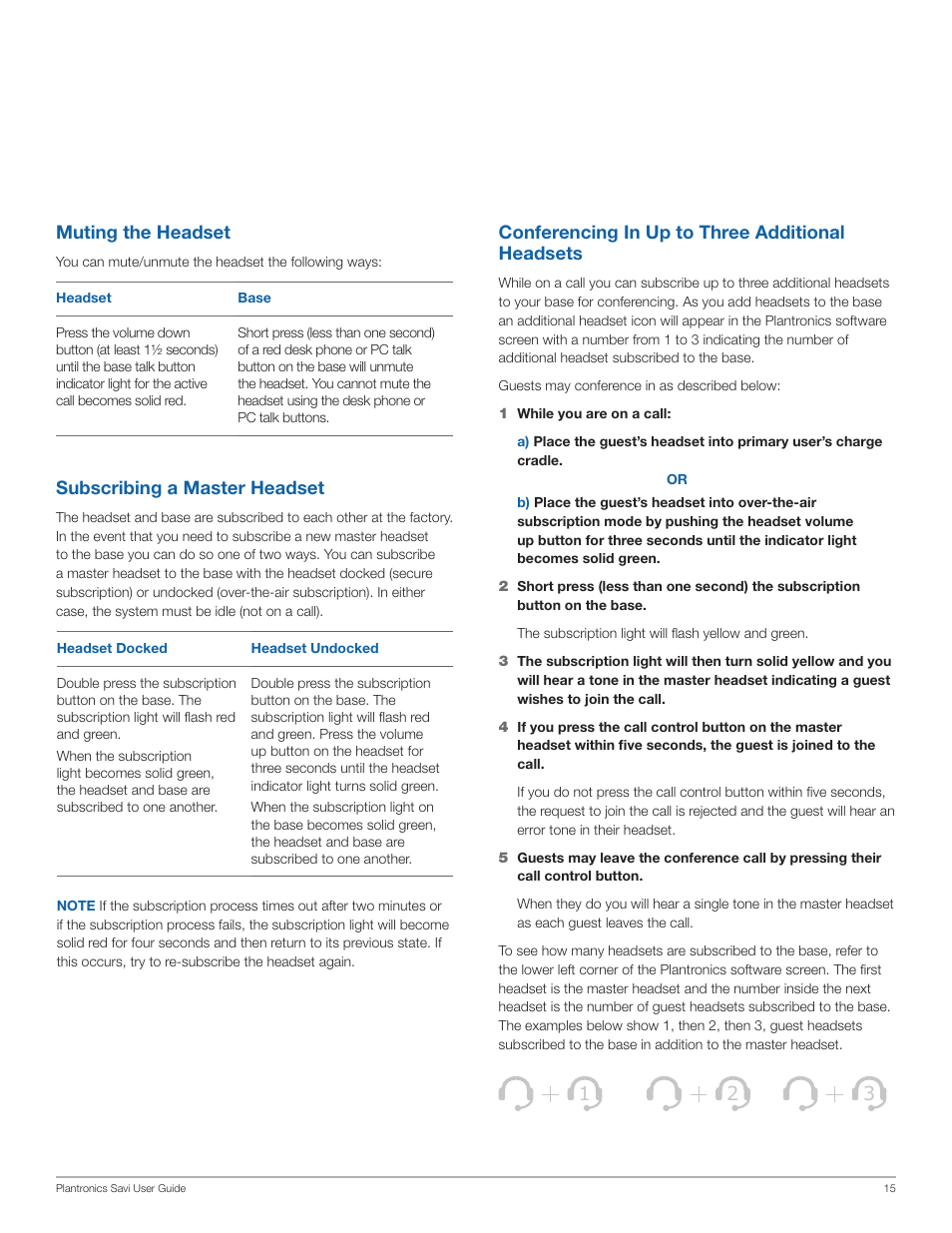 Subscribing a master headset, Muting the headset, Conferencing in up to three additional headsets | Plantronics WO200 User Manual | Page 15 / 25