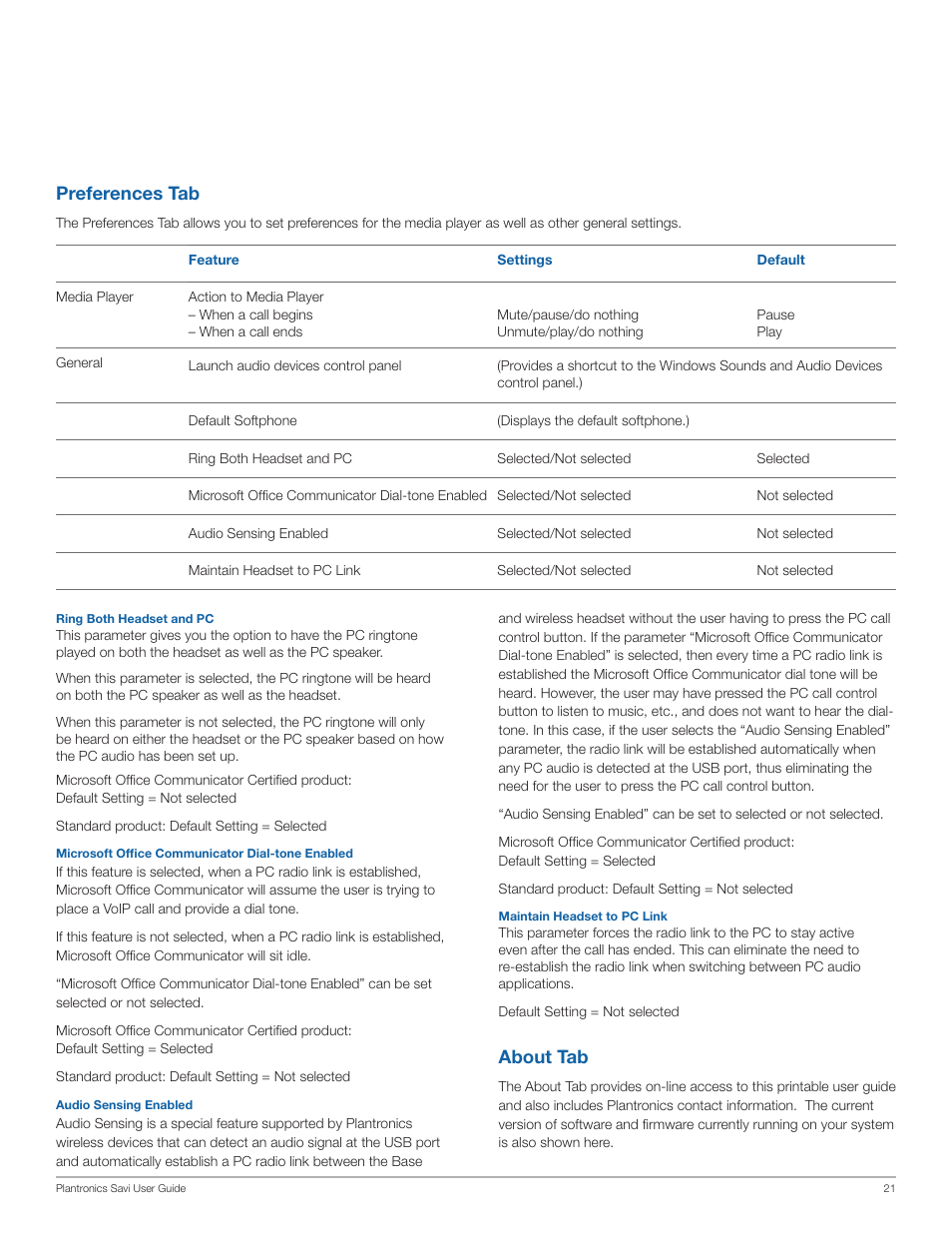 Preferences tab, About tab | Plantronics WO200 User Manual | Page 21 / 25