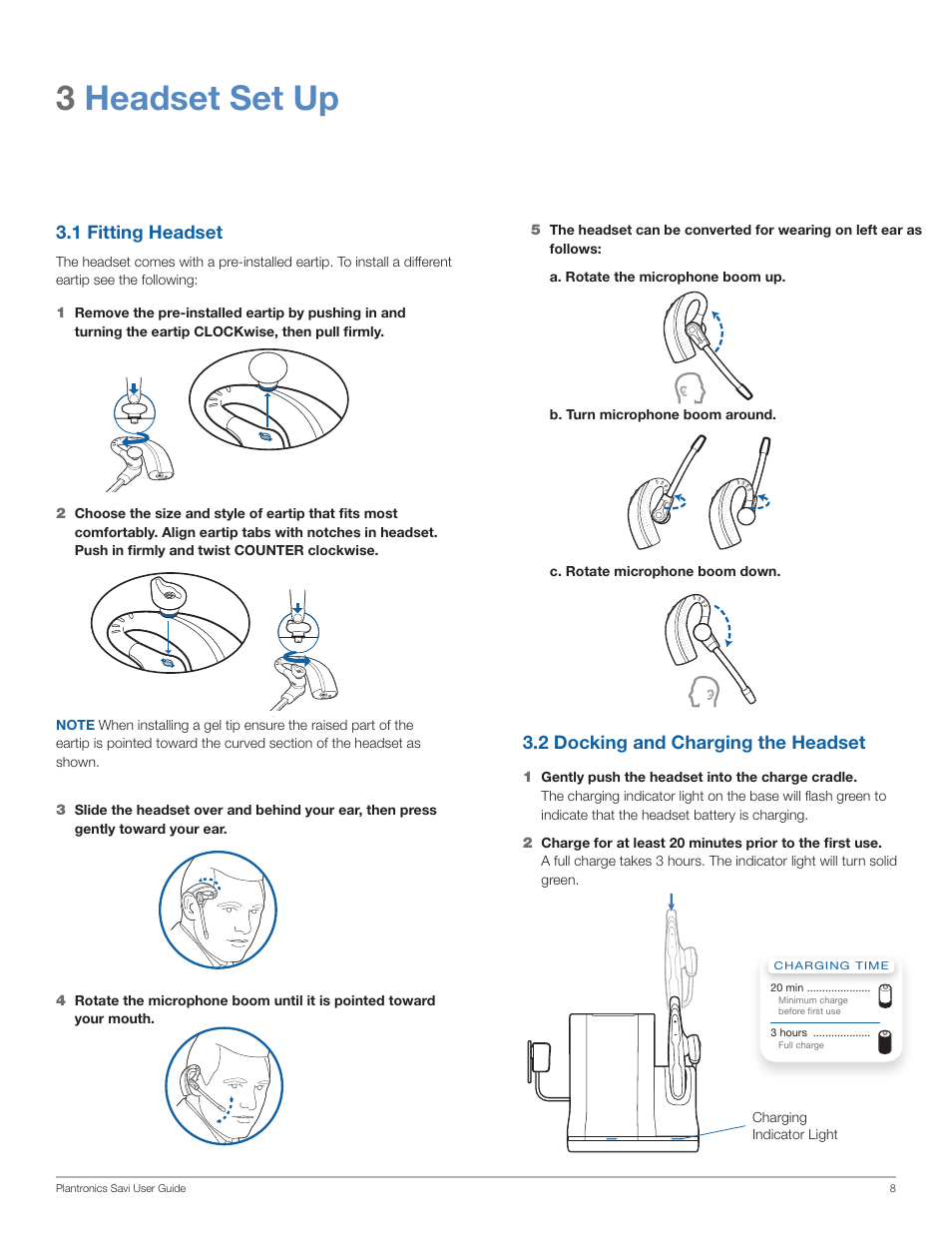 3headset set up, 1 fitting headset, 2 docking and charging the headset | Plantronics WO200 User Manual | Page 8 / 25