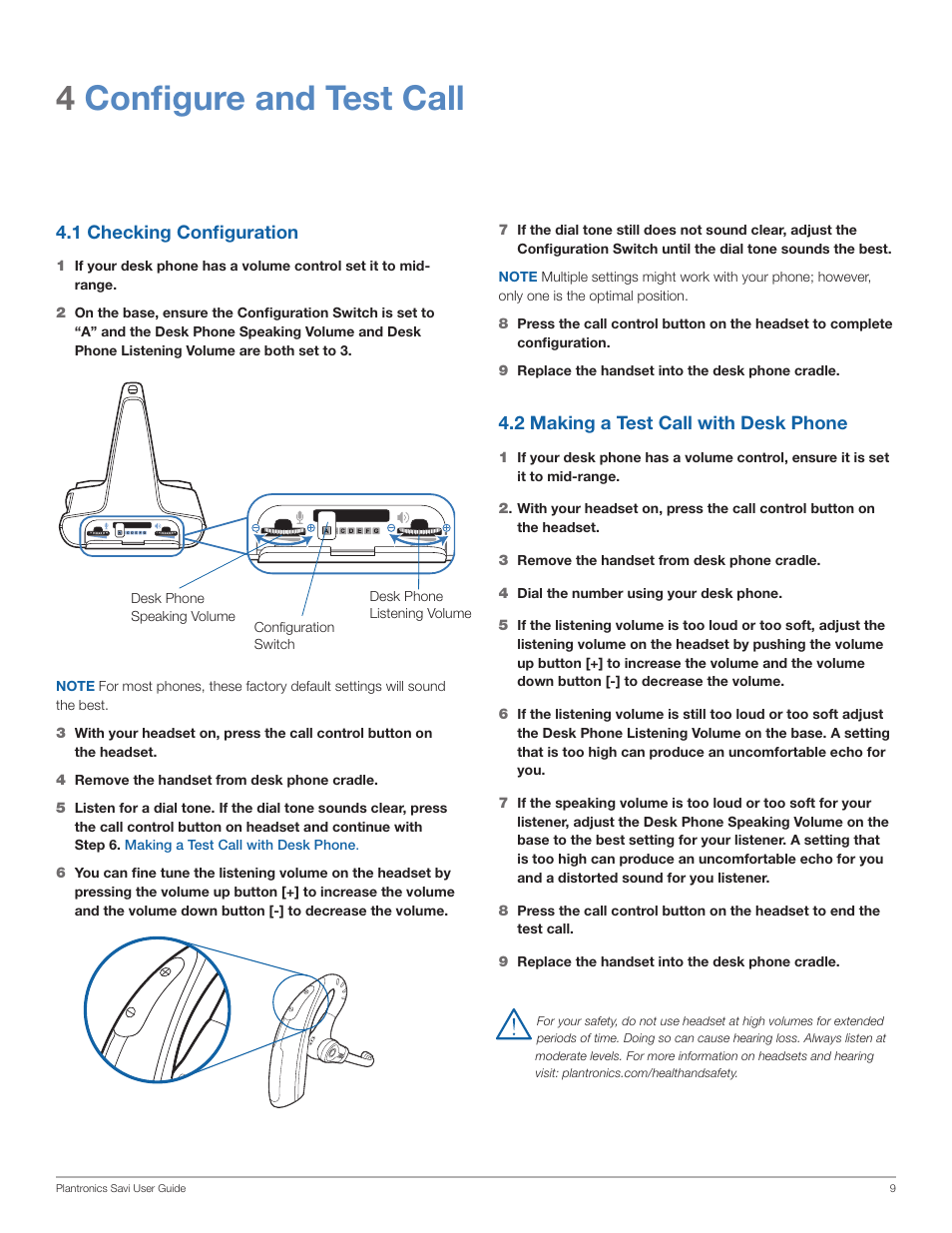 4configure and test call, 1 checking configuration, 2 making a test call with desk phone | Plantronics WO200 User Manual | Page 9 / 25