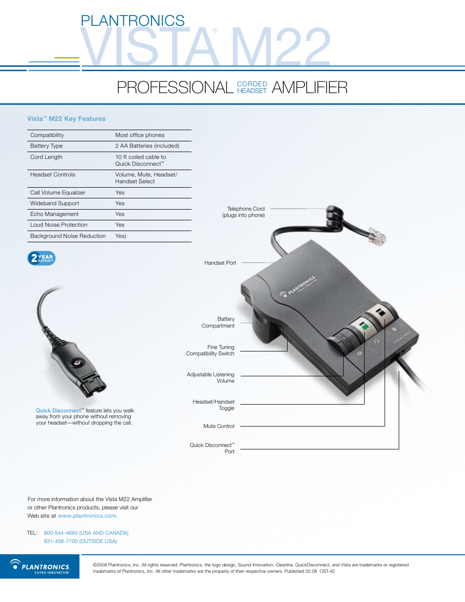 Vista, Professional amplifier, Plantronics | Plantronics Vista M22 User Manual | Page 2 / 2