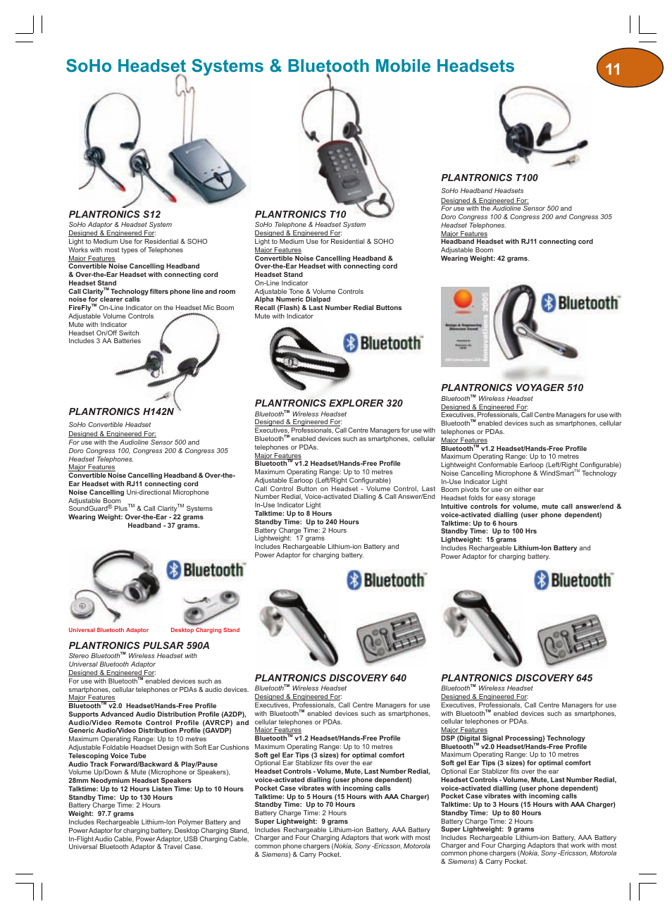 Soho headset systems & bluetooth mobile headsets, Plantronics pulsar 590a, Plantronics discovery 640 | Plantronics s12, Plantronics t10, Plantronics t100, Plantronics h142n, Plantronics explorer 320, Plantronics voyager 510, Plantronics discovery 645 | Plantronics Winter 2006 User Manual | Page 11 / 32