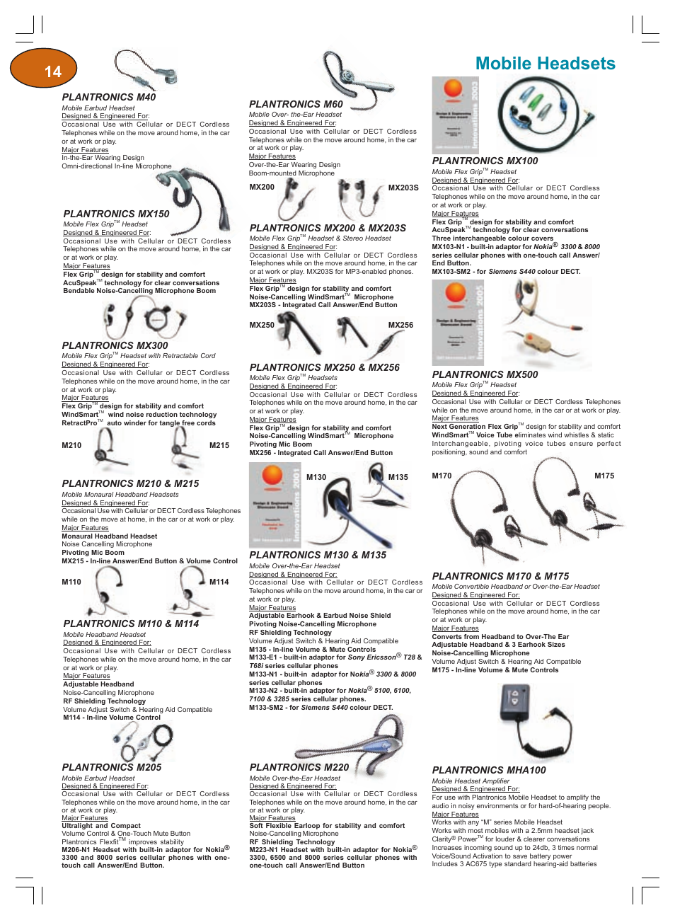 Mobile headsets, Plantronics m220, Plantronics mx100 | Plantronics m205, Plantronics mx150, Plantronics mx300, Plantronics mha100, Plantronics mx500, Plantronics m40, Plantronics m60 | Plantronics Winter 2006 User Manual | Page 14 / 32