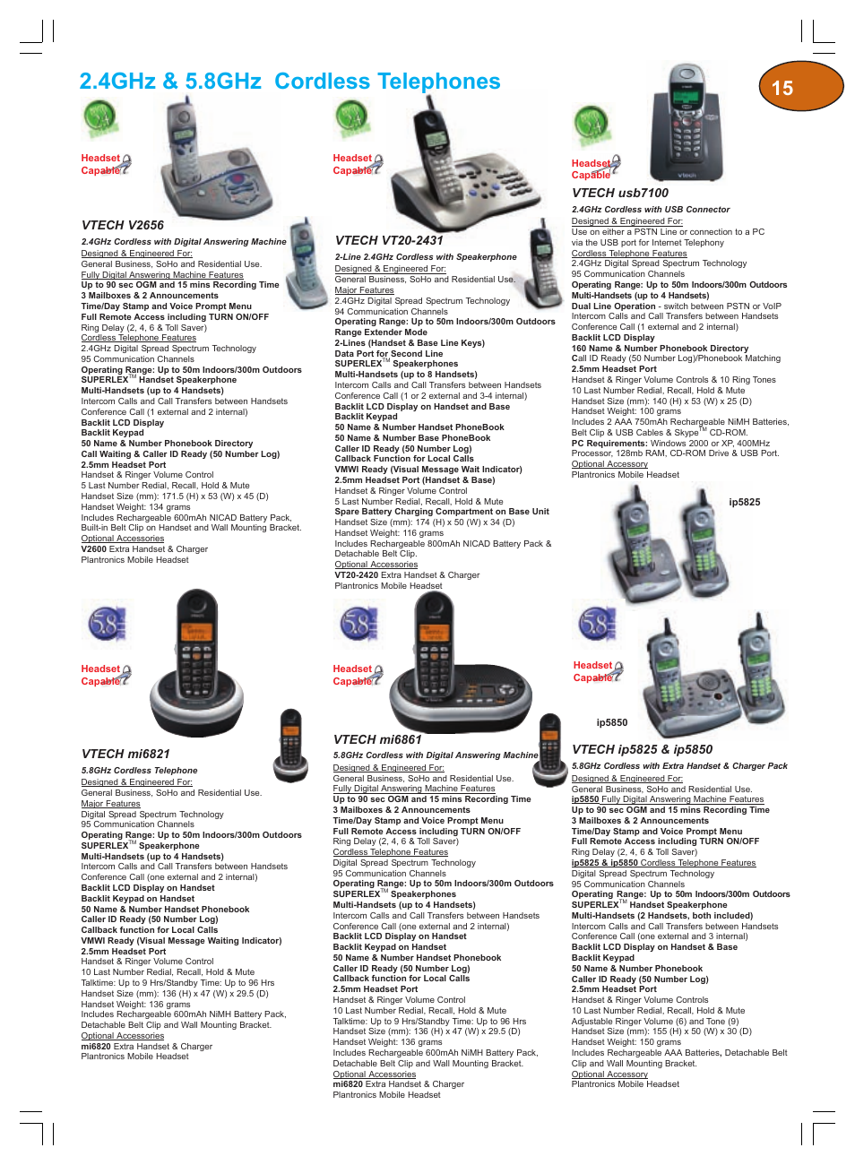 4ghz & 5.8ghz cordless telephones, Vtech v2656, Vtech mi6821 | Vtech mi6861, Vtech usb7100 | Plantronics Winter 2006 User Manual | Page 15 / 32