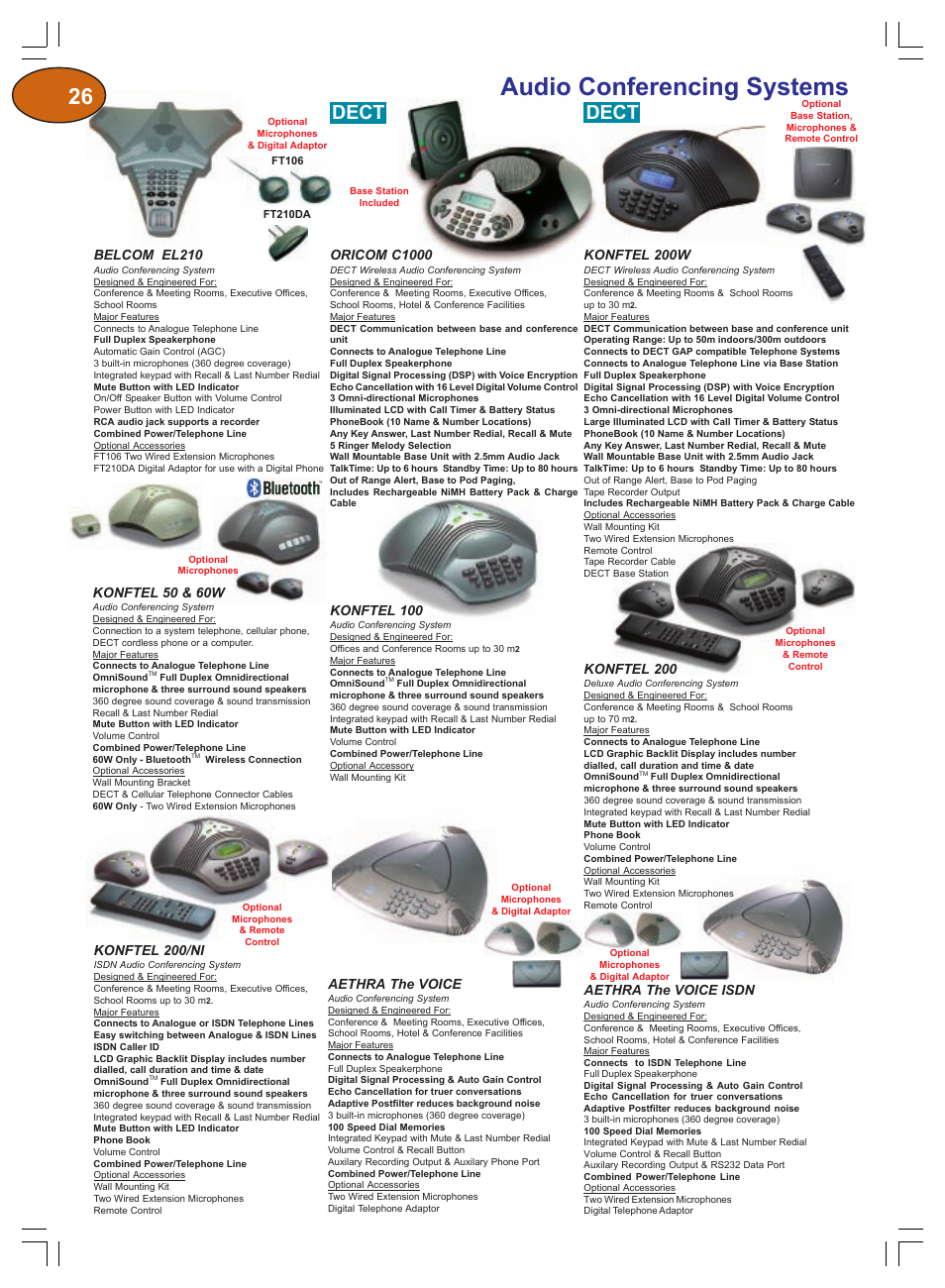Audio conferencing systems, Dect, Konftel 100 | Konftel 200/ni, Konftel 200, Belcom el210, Konftel 50 & 60w, Konftel 200w, Aethra the voice, Oricom c1000 | Plantronics Winter 2006 User Manual | Page 26 / 32