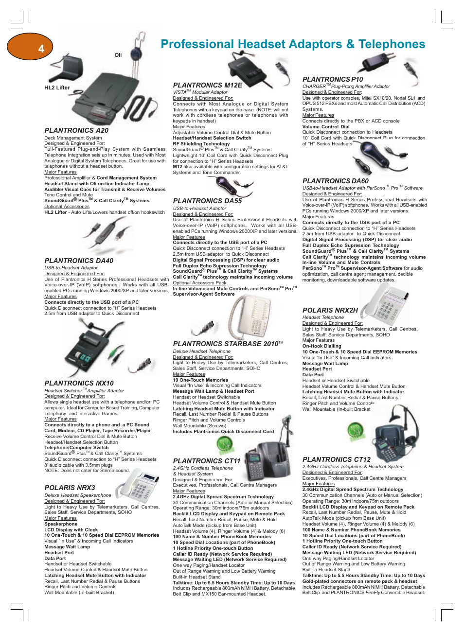 Professional headset adaptors & telephones, Plantronics da60, Plantronics p10 | Plantronics a20, Plantronics da55, Plantronics starbase 2010, Plantronics m12e, Polaris nrx2h, Polaris nrx3, Plantronics da40 | Plantronics Winter 2006 User Manual | Page 4 / 32