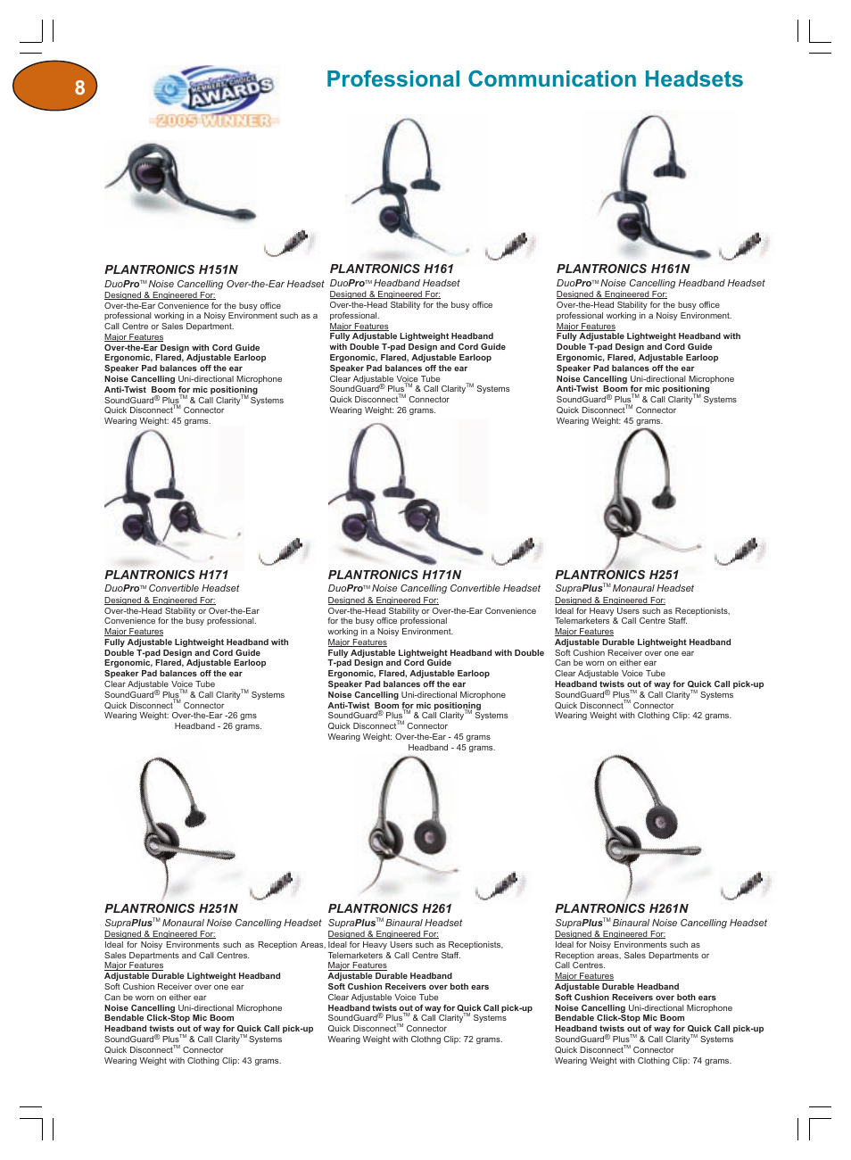 Professional communication headsets, Plantronics h171, Plantronics h251n | Plantronics h151n, Plantronics h261, Plantronics h261n, Plantronics h171n, Plantronics h251, Plantronics h161, Plantronics h161n | Plantronics Winter 2006 User Manual | Page 8 / 32