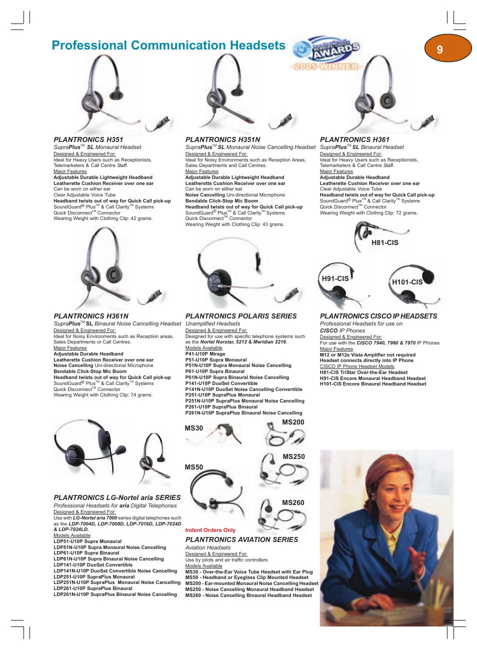 Professional communication headsets, Plantronics h351, Plantronics h351n | Plantronics h361, Plantronics h361n, Plantronics polaris series, Plantronics cisco ip headsets, Plantronics lg-nortel aria series, Plantronics aviation series | Plantronics Winter 2006 User Manual | Page 9 / 32