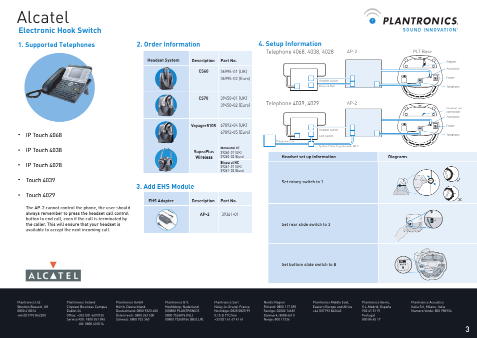 Alcatel, Electronic hook switch, Supported telephones 4. setup information | Add ehs module 2. order information | Plantronics Electronic Hook Switch User Manual | Page 3 / 3