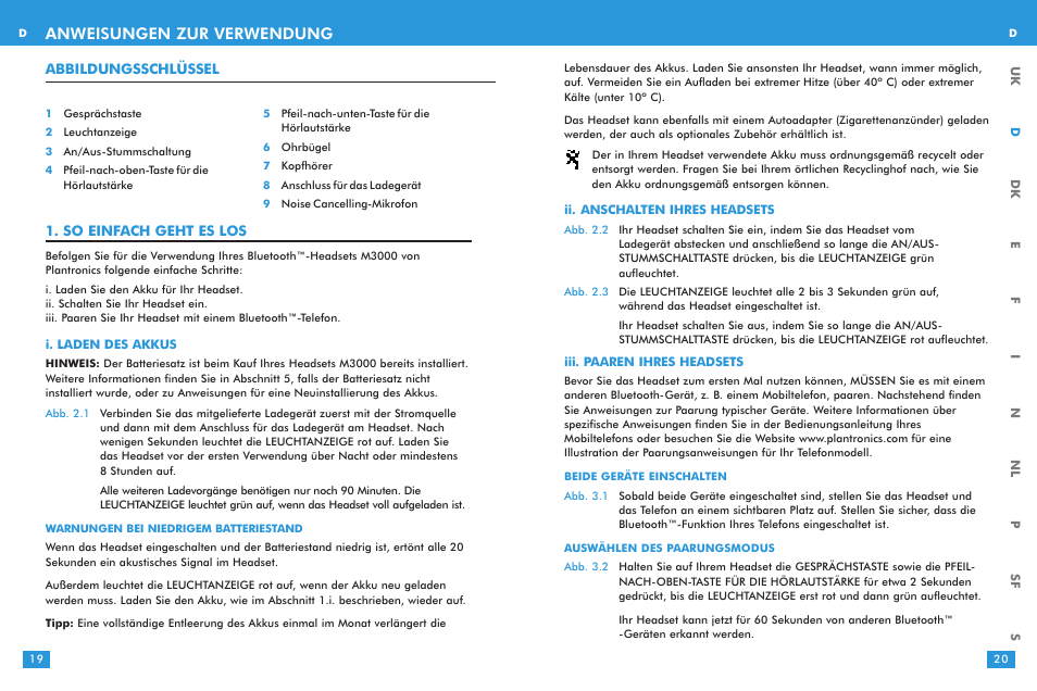 Anweisungen zur verwendung | Plantronics M 3000 User Manual | Page 10 / 69