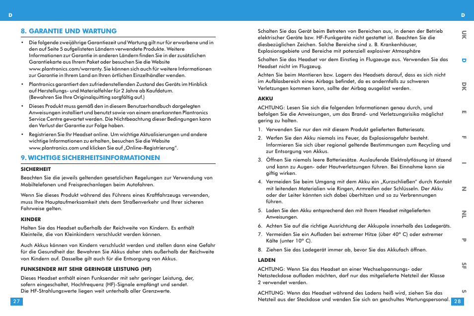 Garantie und wartung, Wichtige sicherheitsinformationen | Plantronics M 3000 User Manual | Page 14 / 69