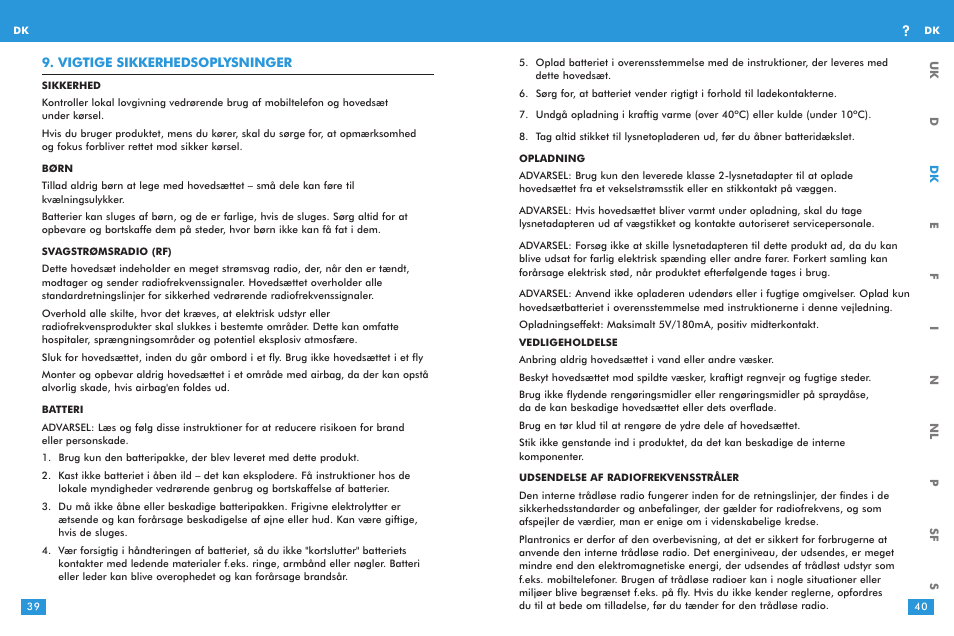 Vigtige sikkerhedsoplysninger | Plantronics M 3000 User Manual | Page 20 / 69