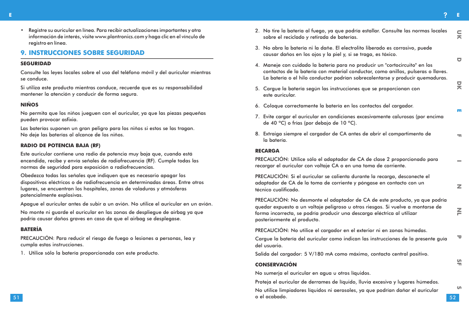 Instrucciones sobre seguridad | Plantronics M 3000 User Manual | Page 26 / 69