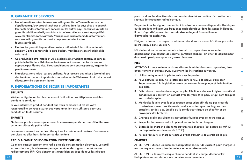 Garantie et services, Informations de securite importantes | Plantronics M 3000 User Manual | Page 32 / 69