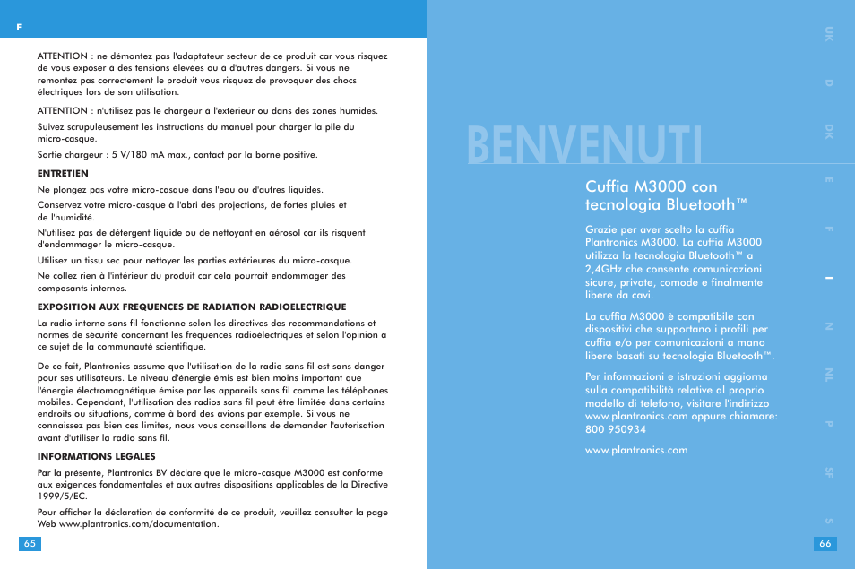 Benvenuti, Cuffia m3000 con tecnologia bluetooth | Plantronics M 3000 User Manual | Page 33 / 69