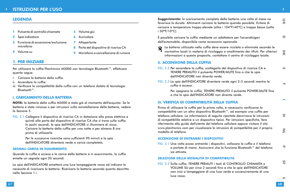 Istruzioni per l'uso | Plantronics M 3000 User Manual | Page 34 / 69