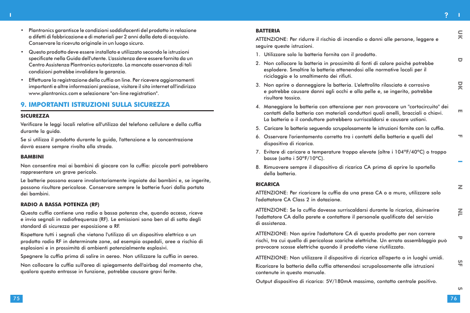 Importanti istruzioni sulla sicurezza | Plantronics M 3000 User Manual | Page 38 / 69