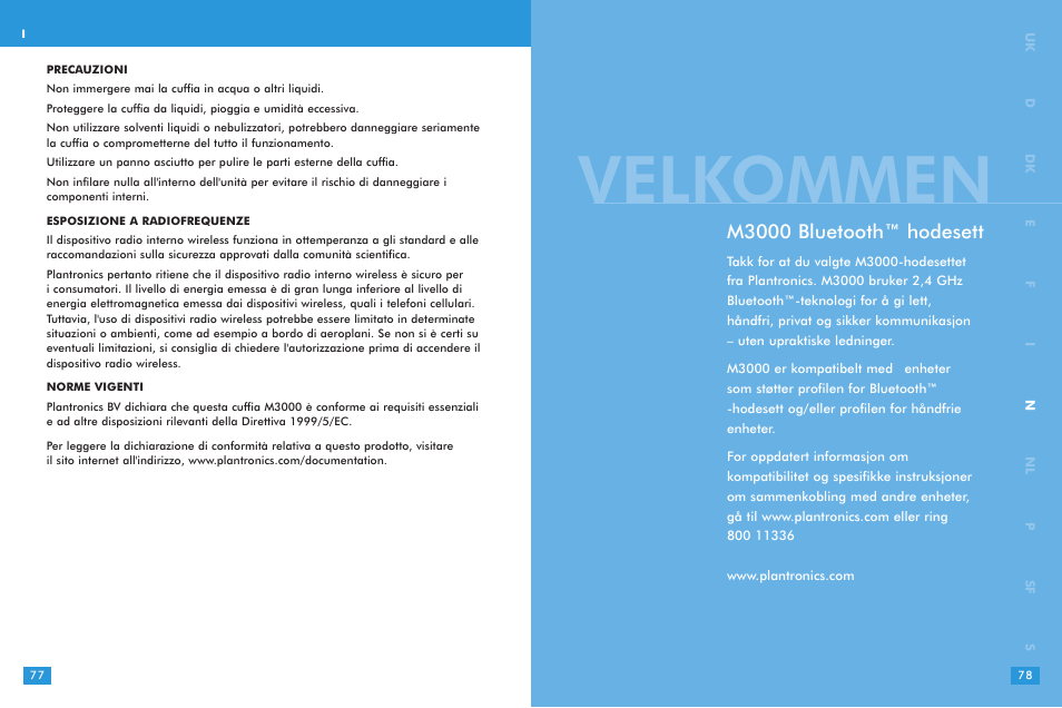 Velkommen, M3000 bluetooth™ hodesett | Plantronics M 3000 User Manual | Page 39 / 69