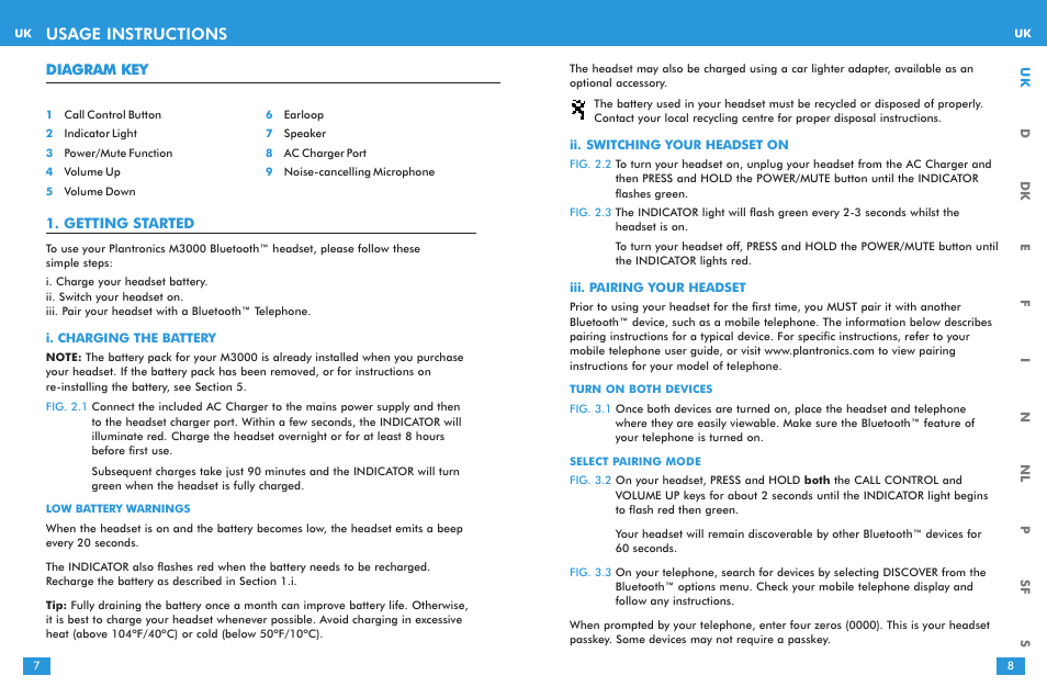 Usage instructions | Plantronics M 3000 User Manual | Page 4 / 69