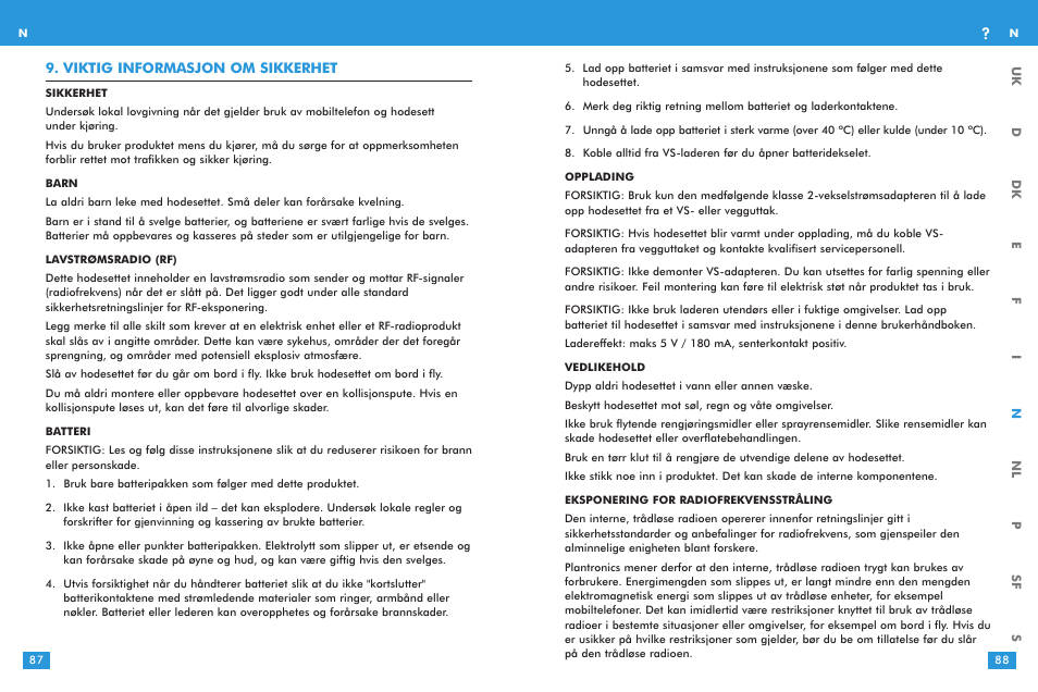 Viktig informasjon om sikkerhet | Plantronics M 3000 User Manual | Page 44 / 69