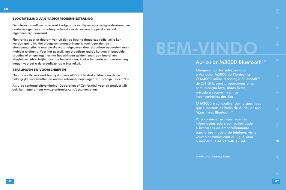 Bem-vindo, Auricular m3000 bluetooth | Plantronics M 3000 User Manual | Page 51 / 69