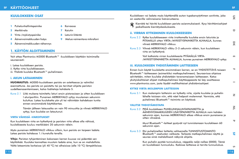 Käyttöohjeet | Plantronics M 3000 User Manual | Page 58 / 69