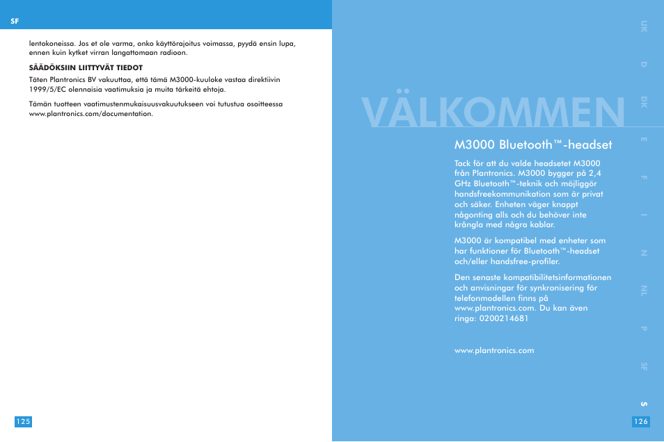 Välkommen, M3000 bluetooth™-headset | Plantronics M 3000 User Manual | Page 63 / 69