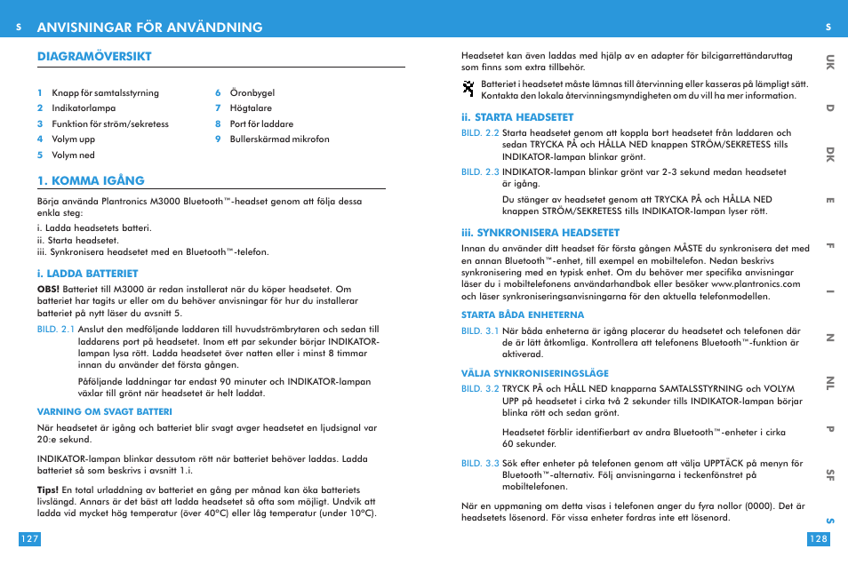 Anvisningar för användning | Plantronics M 3000 User Manual | Page 64 / 69