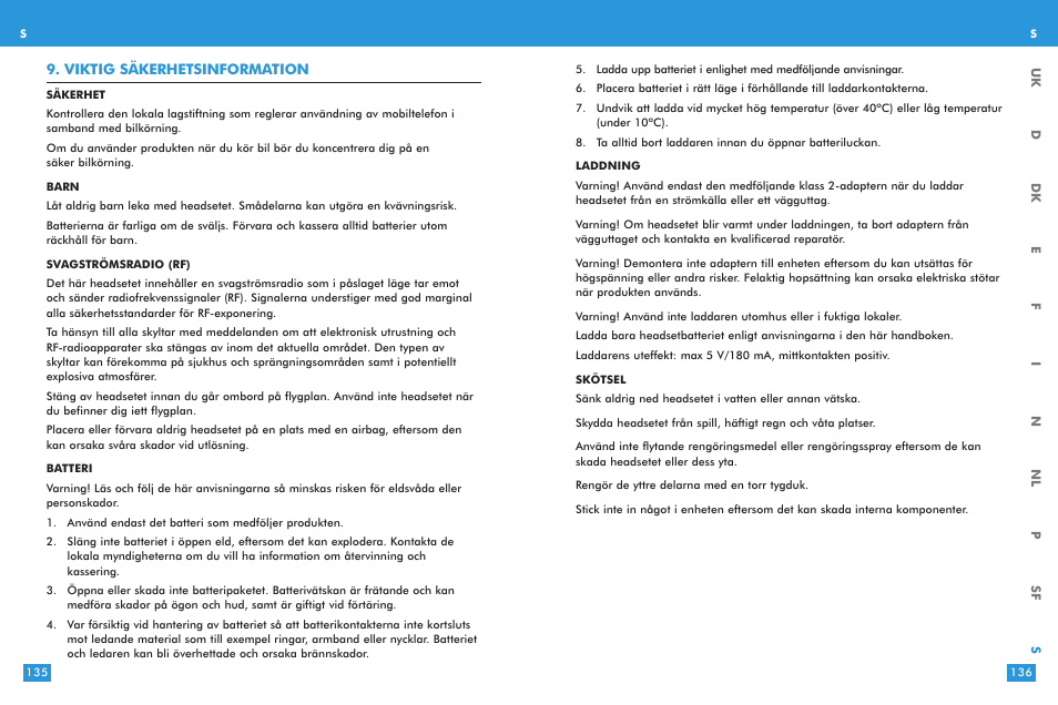 Viktig säkerhetsinformation | Plantronics M 3000 User Manual | Page 68 / 69