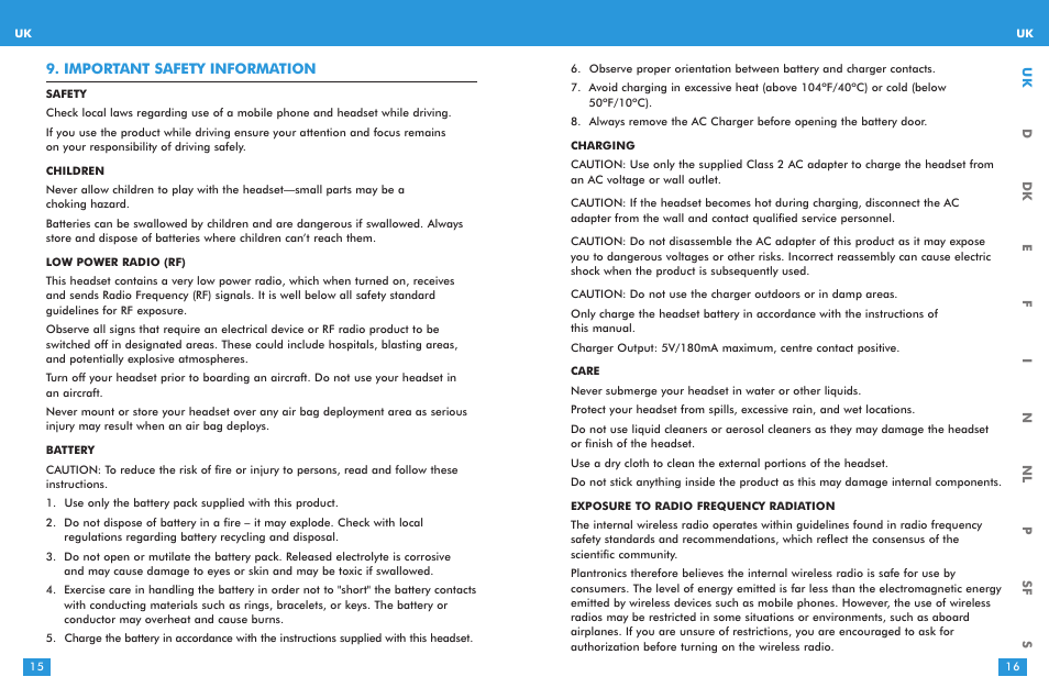 Important safety information | Plantronics M 3000 User Manual | Page 8 / 69