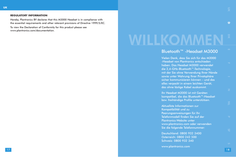 Willkommen, Bluetooth™ -headset m3000 | Plantronics M 3000 User Manual | Page 9 / 69