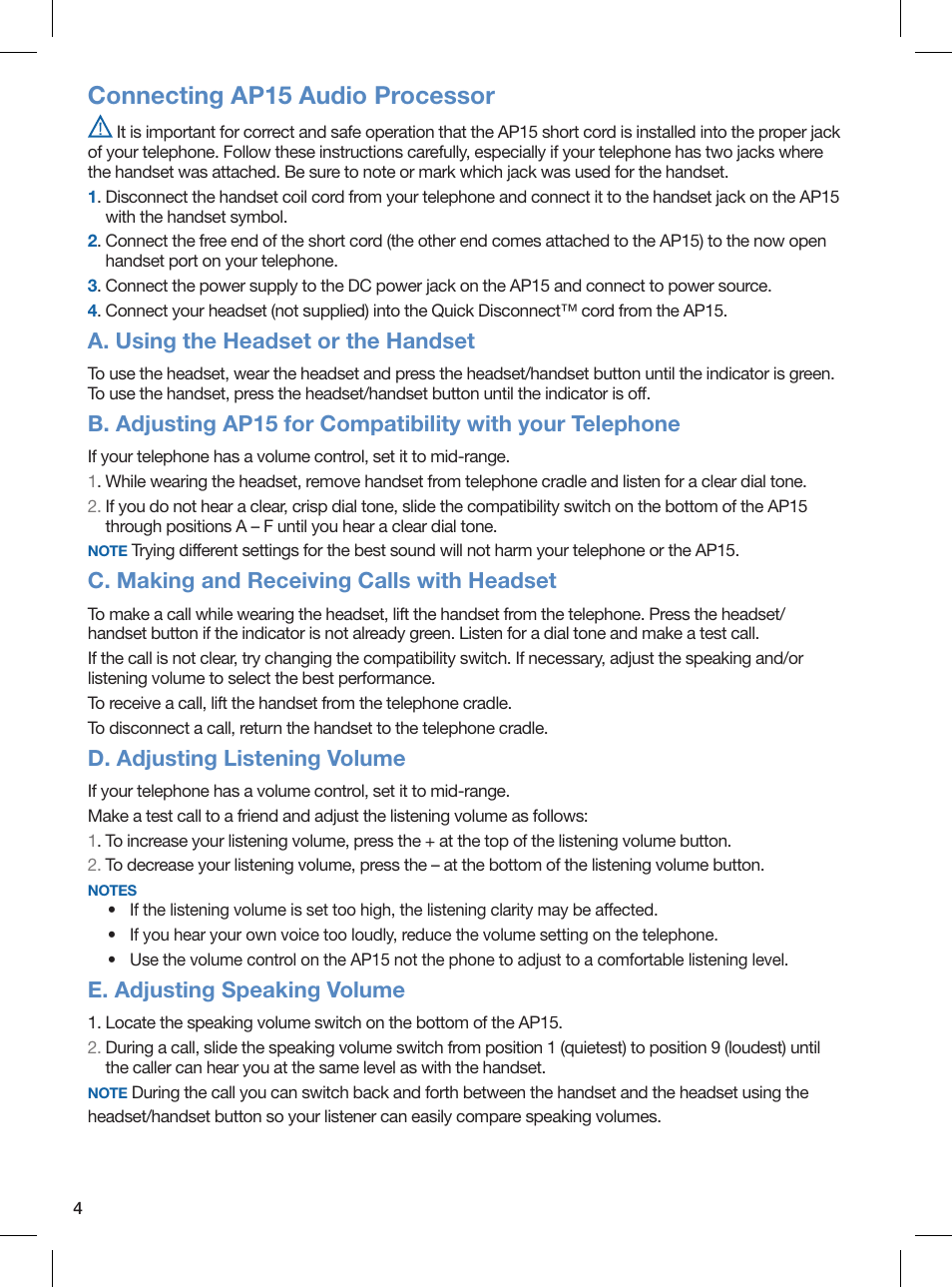 Connecting ap15 audio processor, A. using the headset or the handset, C. making and receiving calls with headset | D. adjusting listening volume, E. adjusting speaking volume | Plantronics AP15 User Manual | Page 6 / 8