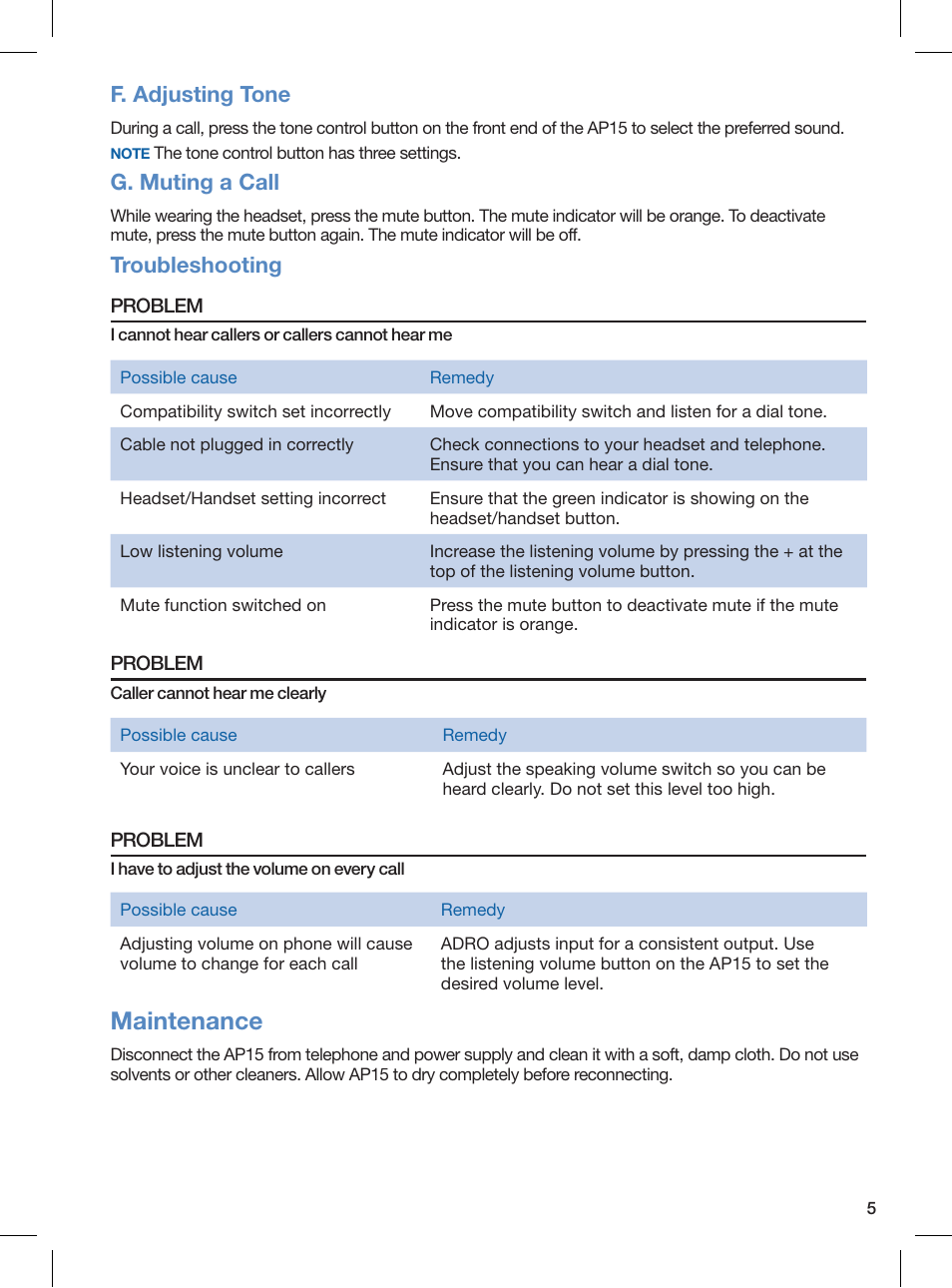 Maintenance, F. adjusting tone, G. muting a call | Troubleshooting | Plantronics AP15 User Manual | Page 7 / 8