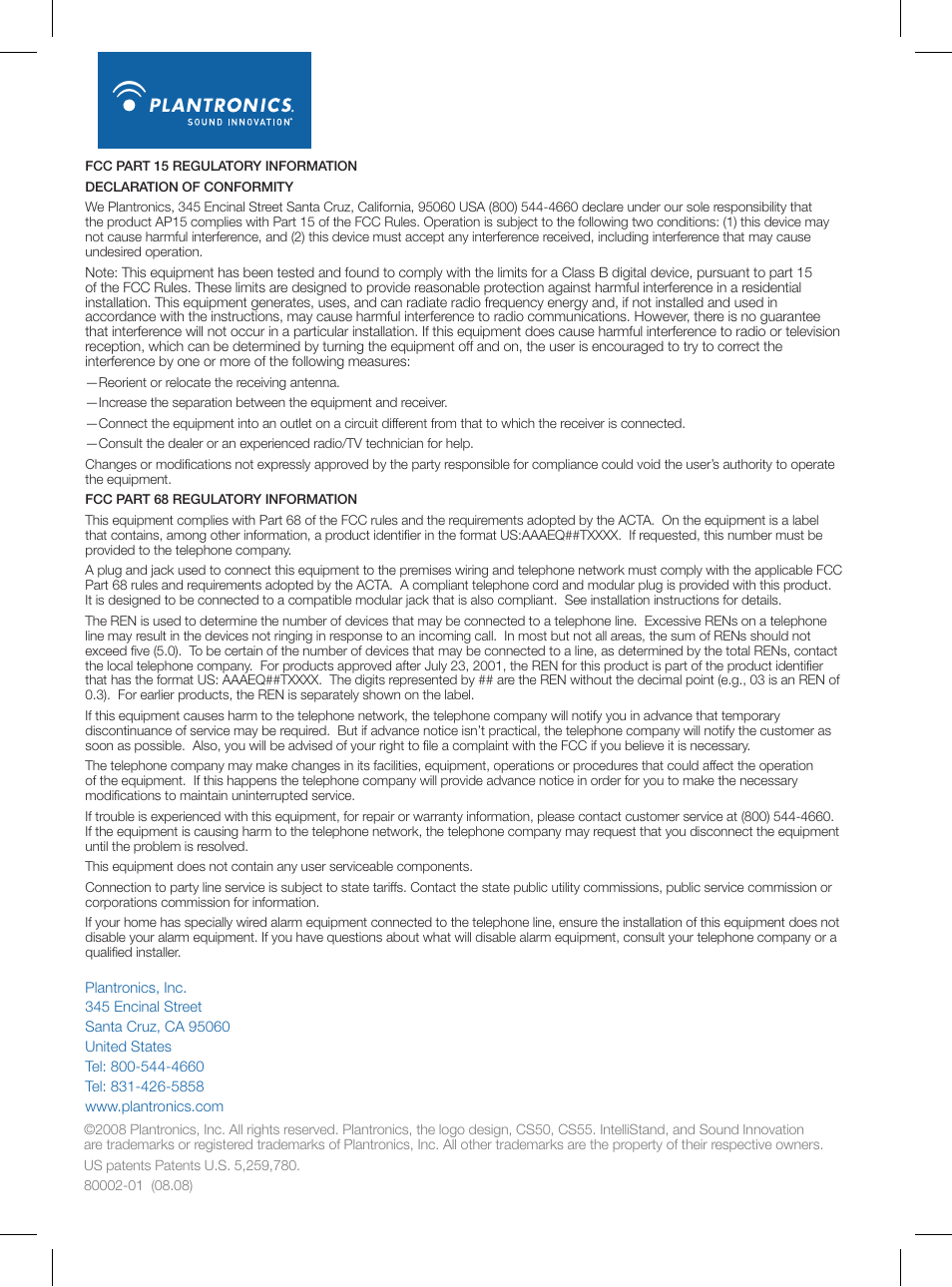 Plantronics AP15 User Manual | Page 8 / 8