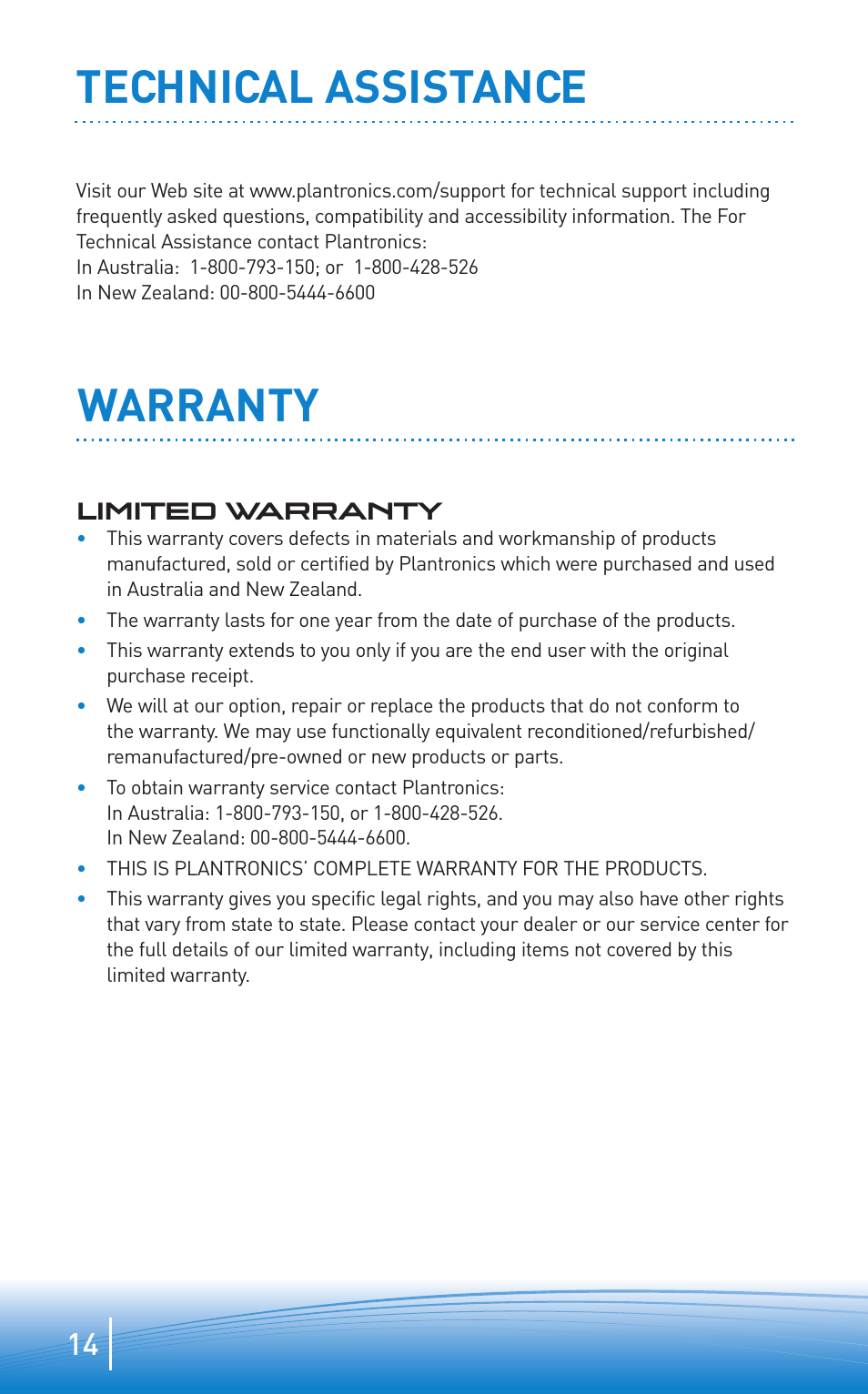 Technical assistance warranty | Plantronics Discovery 665 User Manual | Page 14 / 16