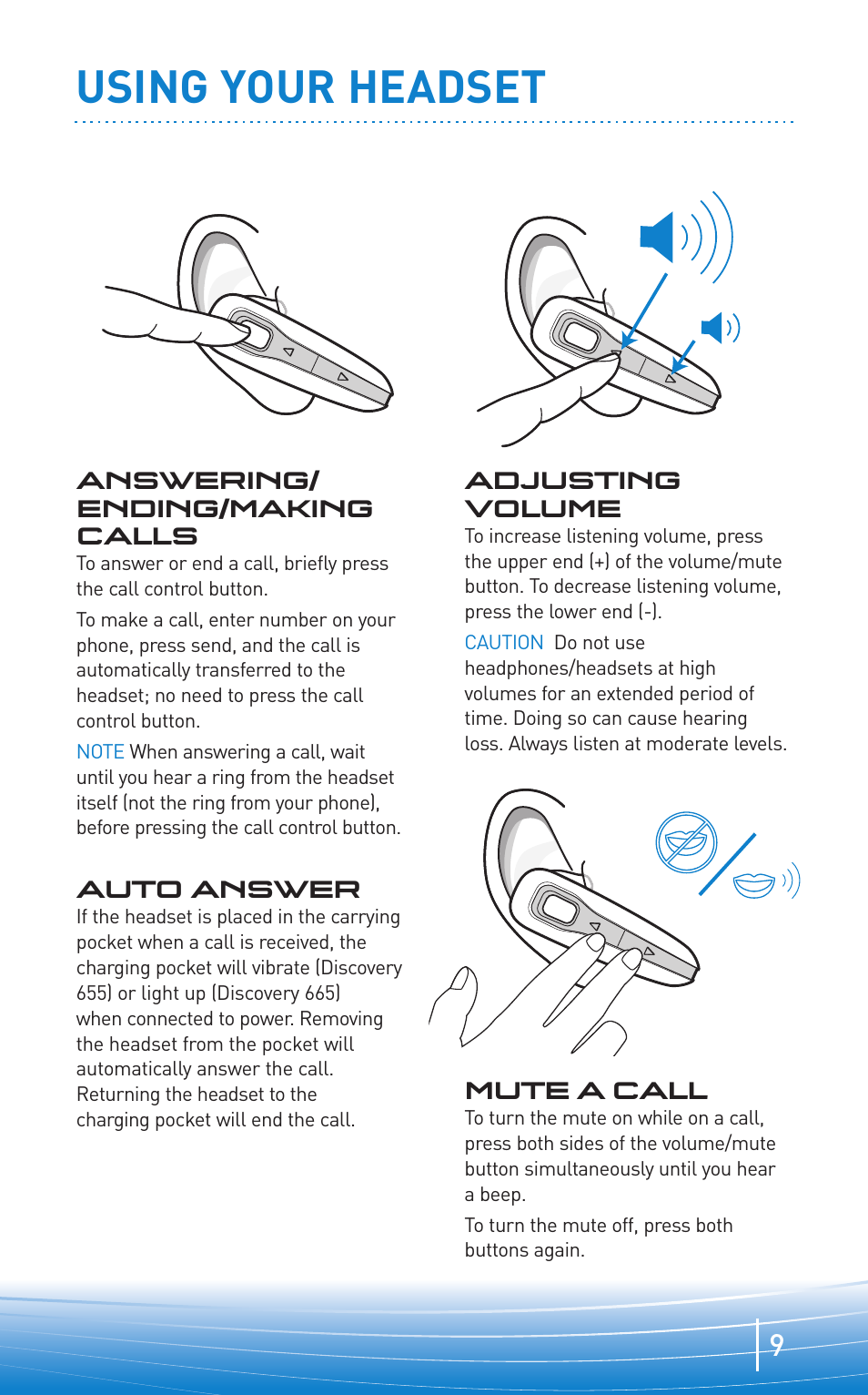 Using your headset | Plantronics Discovery 665 User Manual | Page 9 / 16