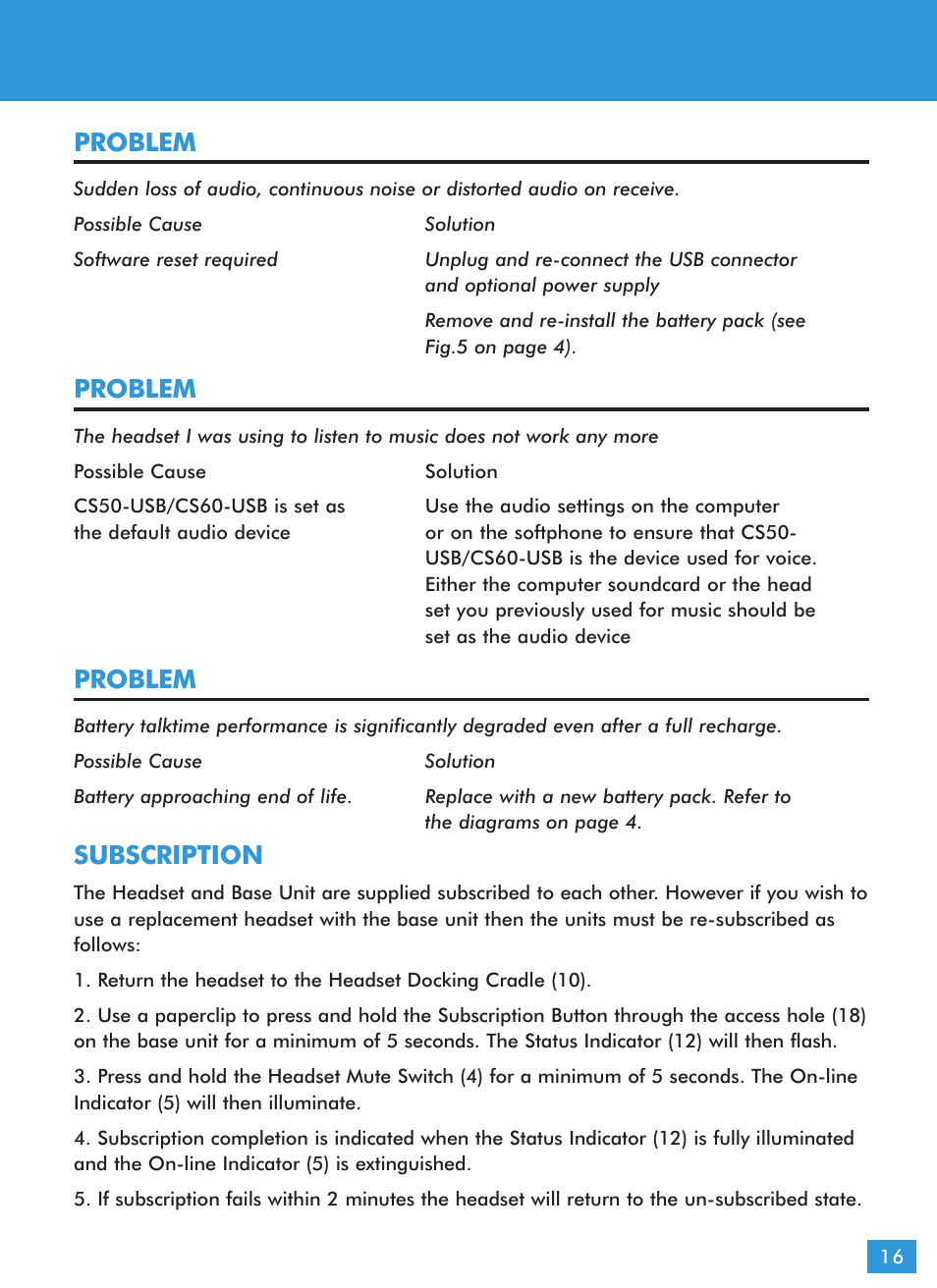 Problem, Subscription | Plantronics CS60-USB DECT User Manual | Page 17 / 21