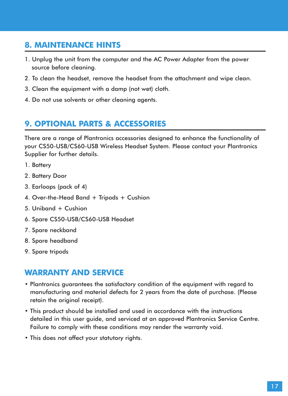 Maintenance hints, Optional parts & accessories, Warranty and service | Plantronics CS60-USB DECT User Manual | Page 18 / 21