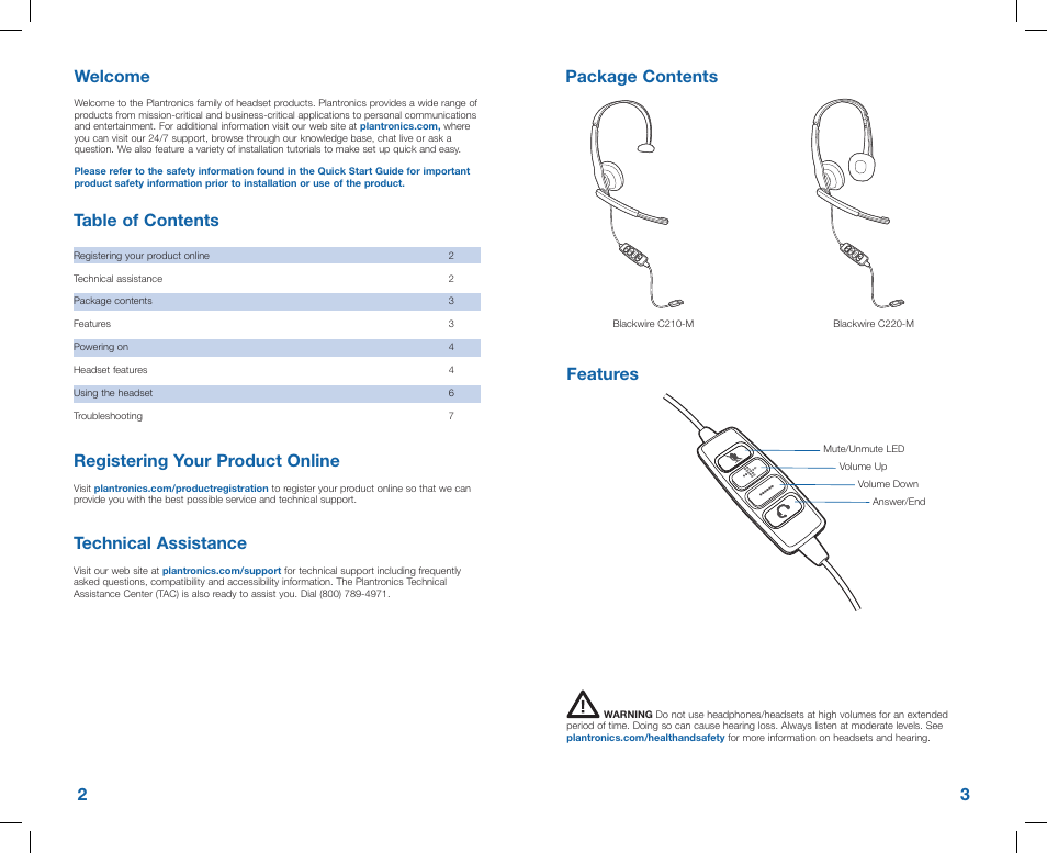 Table of contents welcome, Features package contents 3 2, Registering your product online | Technical assistance | Plantronics C220-M User Manual | Page 2 / 5