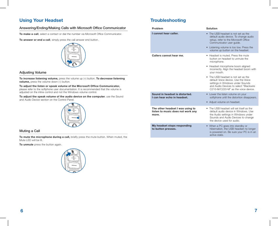 67 using your headset, Troubleshooting | Plantronics C220-M User Manual | Page 4 / 5