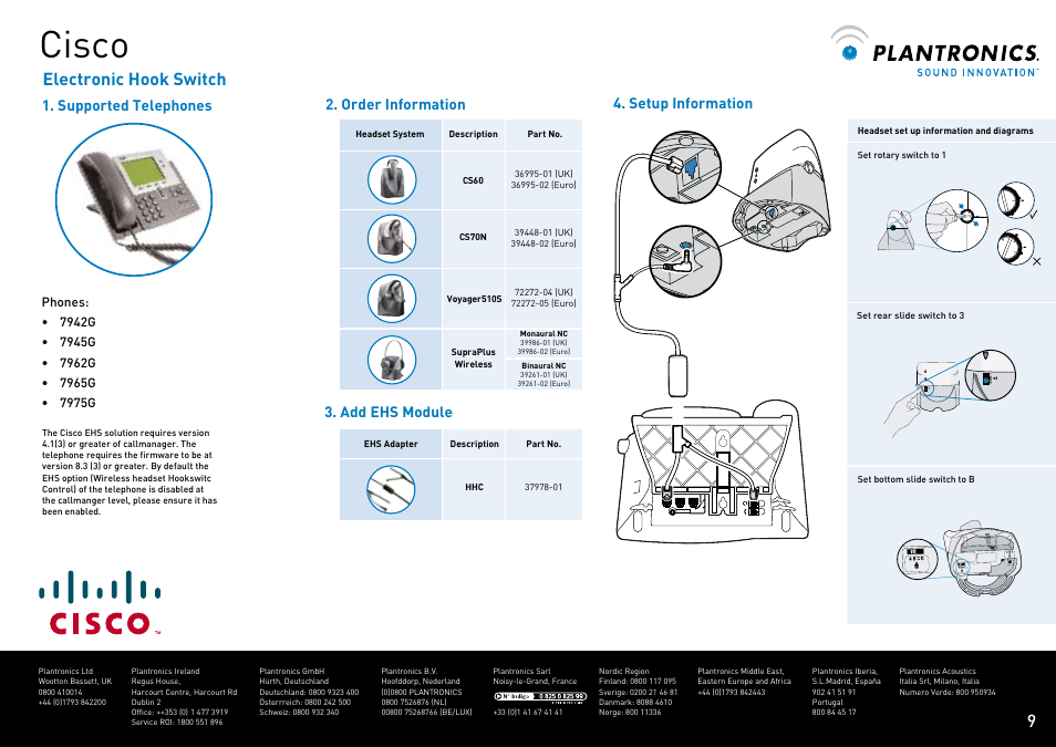 Cisco, Electronic hook switch, Supported telephones 4. setup information | Order information, Add ehs module | Plantronics VOYAGER CS60 User Manual | Page 10 / 17