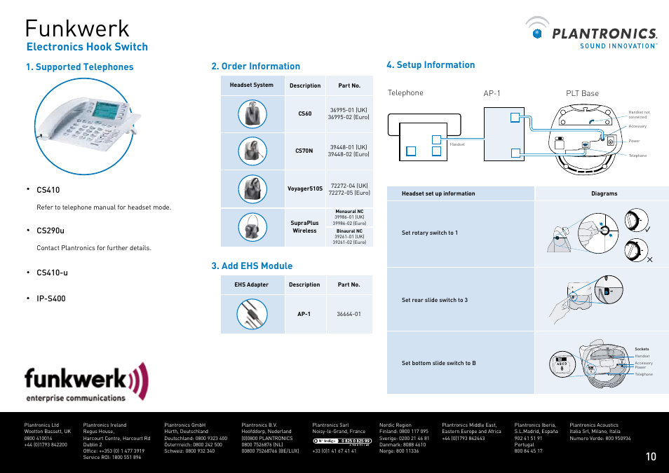 Funkwerk, Electronics hook switch, Supported telephones 4. setup information | Order information, Add ehs module | Plantronics VOYAGER CS60 User Manual | Page 11 / 17