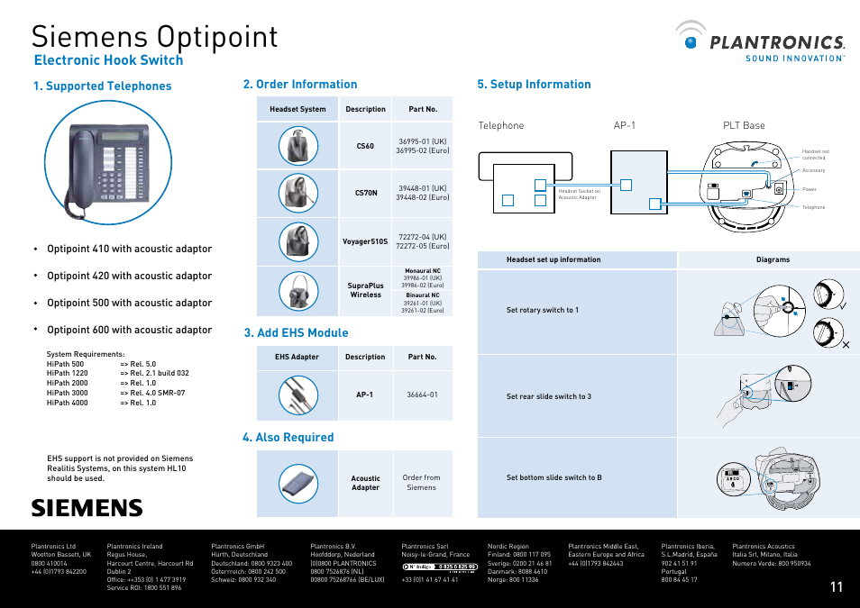 Siemens optipoint, Electronic hook switch, Order information | Add ehs module | Plantronics VOYAGER CS60 User Manual | Page 12 / 17