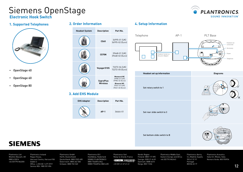 Siemens openstage, Electronic hook switch, Supported telephones 4. setup information | Order information, Add ehs module | Plantronics VOYAGER CS60 User Manual | Page 13 / 17