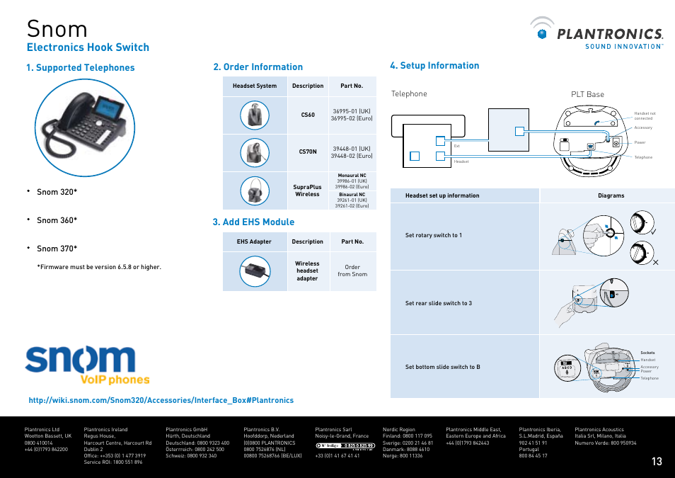 Snom, Electronics hook switch, Supported telephones 4. setup information | Order information, Add ehs module | Plantronics VOYAGER CS60 User Manual | Page 14 / 17