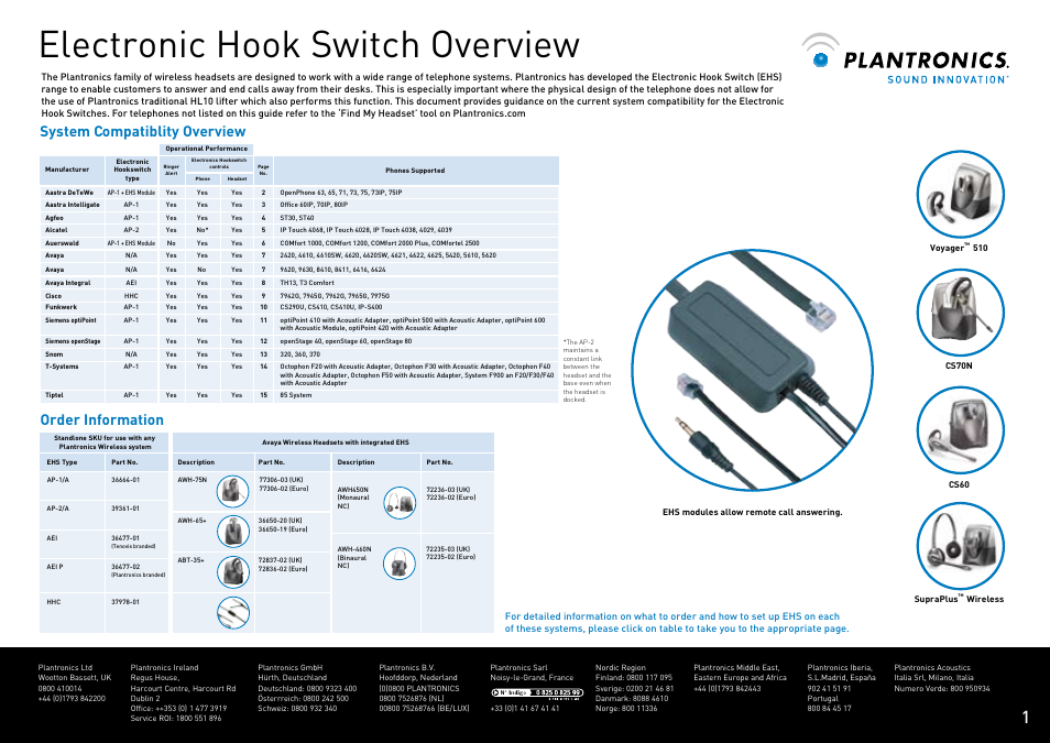 Electronic hook switch overview, System compatiblity overview, Order information | Plantronics VOYAGER CS60 User Manual | Page 2 / 17